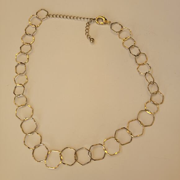 Modern Geometric Gold Tone Necklace with Open Hexagon Links Adjustable 18 to 22 - Picture 3 of 10